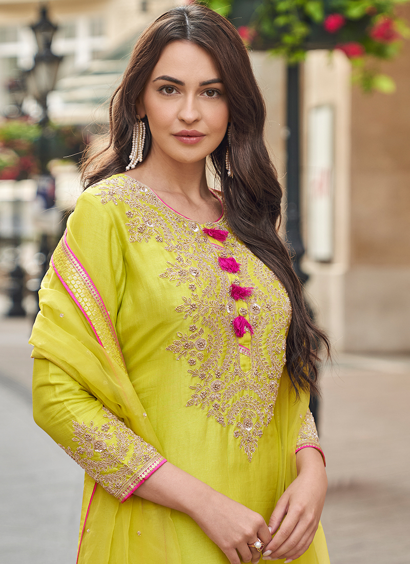 Parrot Green Suit Set In Art Silk With Tassels On The Sleeves main image 1